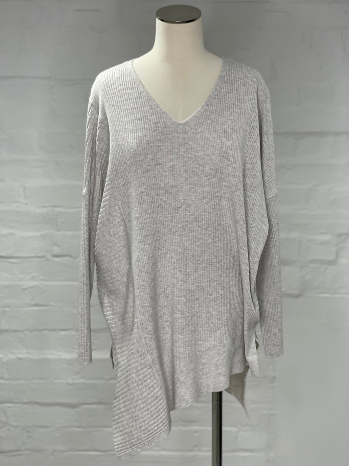 Ribbed V Neck Poly Voly Knit Top in Light Grey Marle