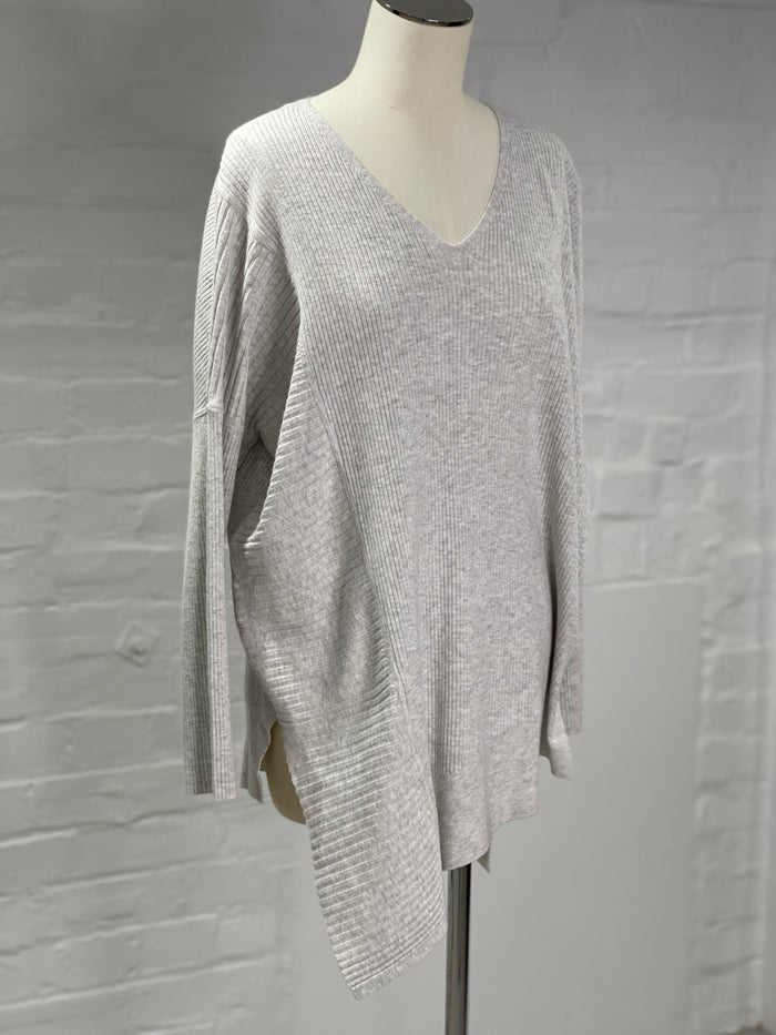 Ribbed V Neck Poly Voly Knit Top in Light Grey Marle