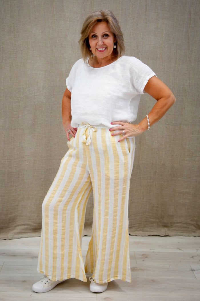 Alessa Wide Leg Pants | Lemon & White Stripes