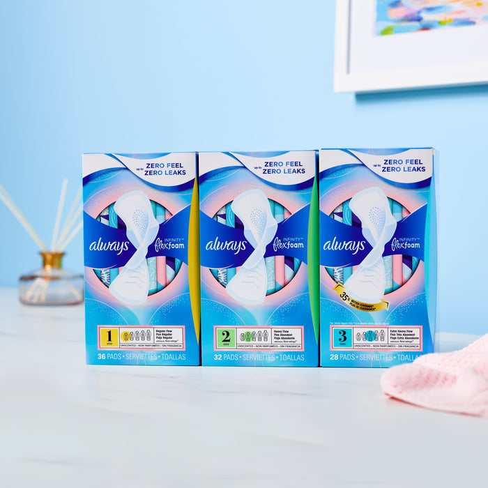 Always Infinity Feminine Pads with wings, Size 2, Heavy Absorbency, unscented, 46 Ct