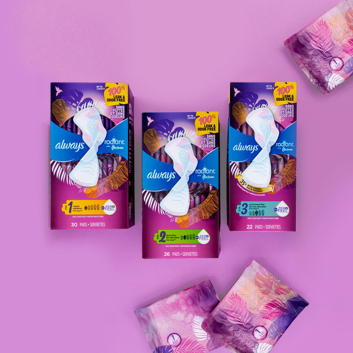 Always Radiant Feminine Pads with Wings, Size 2, Heavy Absorbency, Scented, 36 CT