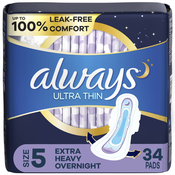 Always Ultra Thin Overnight Pads with Wings, Size 5, Extra Heavy Overnight Absorbency, 34 Count
