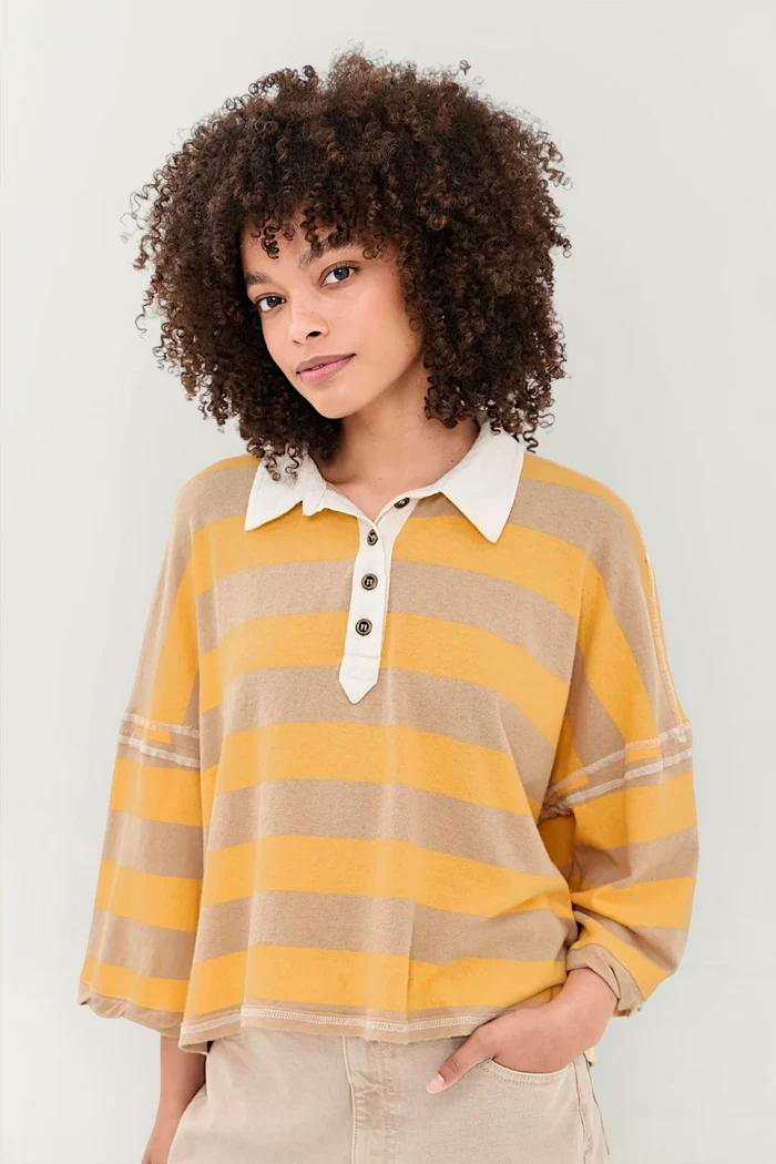 Auggie Oversized Polo Tee | Oat Latte / Yellow Finch