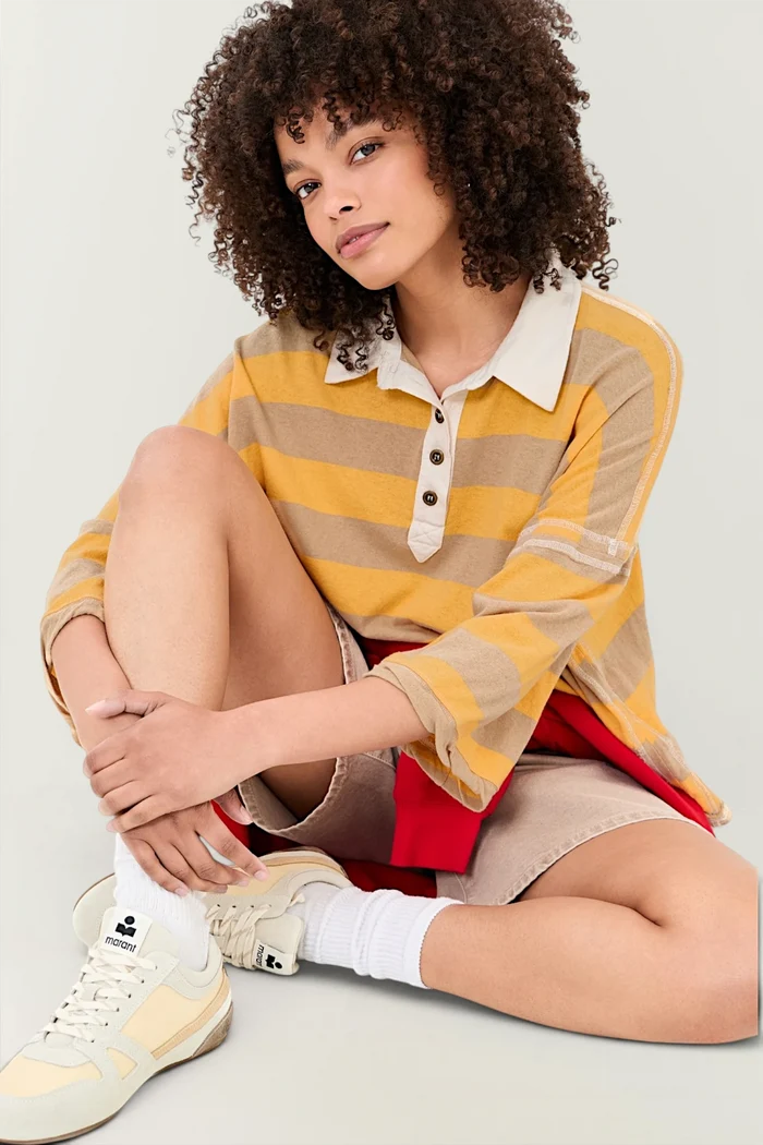 Auggie Oversized Polo Tee | Oat Latte / Yellow Finch