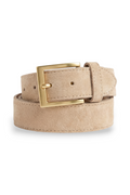ELSHAM BOUTIQUE classic stone suede belt with brass buckle and double keeper. Soft suede strap with 7 adjustable holes.