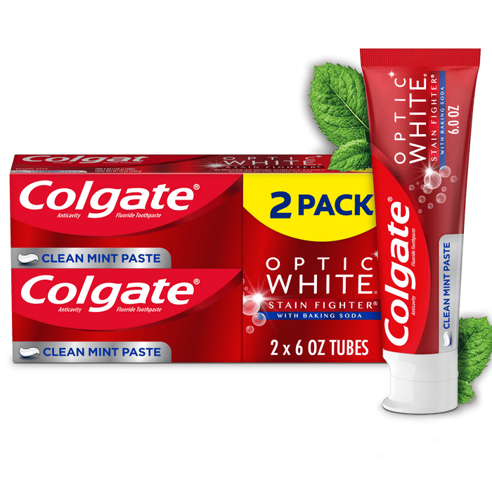 Colgate Optic White Stain Fighter Whitening Toothpaste, 2 Pack, Clean Mint, 6 oz Tubes