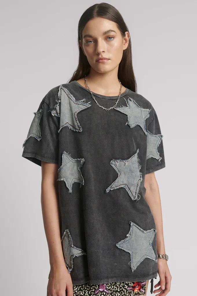 Denim Star Hand Embellished Boyfriend Tee | Charcoal