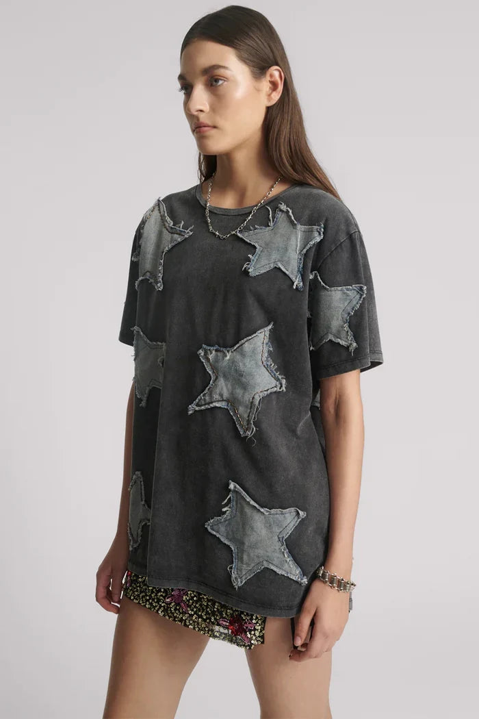 Denim Star Hand Embellished Boyfriend Tee | Charcoal