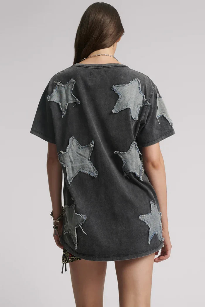 Denim Star Hand Embellished Boyfriend Tee | Charcoal