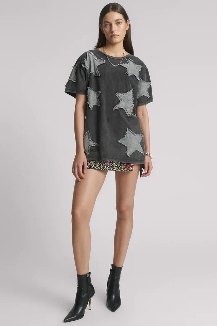 Denim Star Hand Embellished Boyfriend Tee | Charcoal