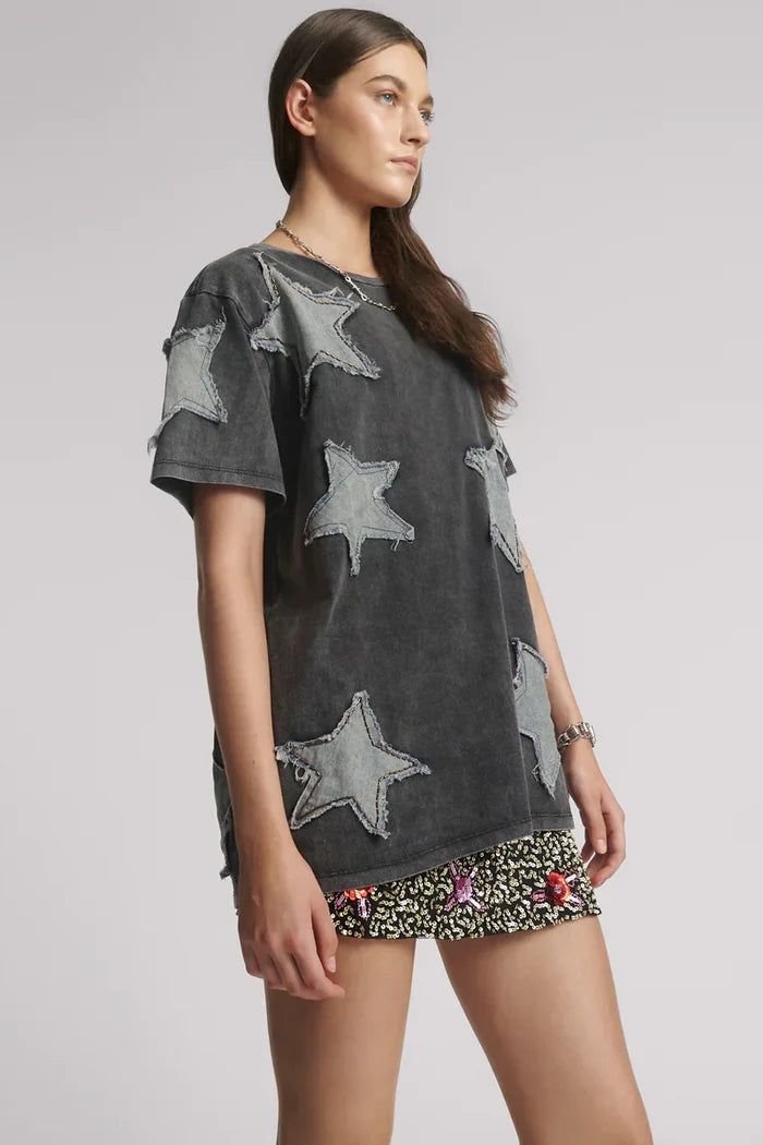 Denim Star Hand Embellished Boyfriend Tee | Charcoal