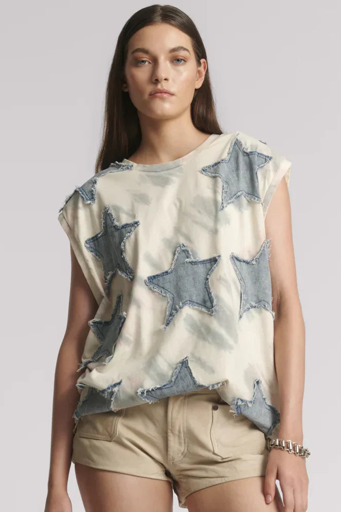 Denim Star Tie Dye Oversized Tank Top | Ivory / Blue