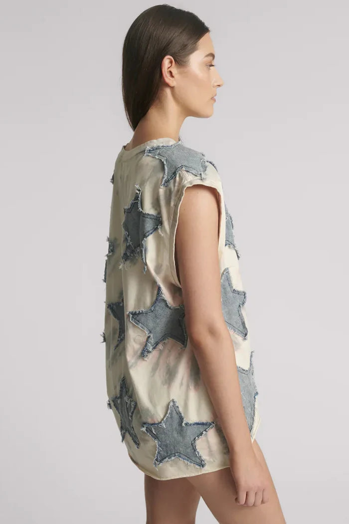 Denim Star Tie Dye Oversized Tank Top | Ivory / Blue