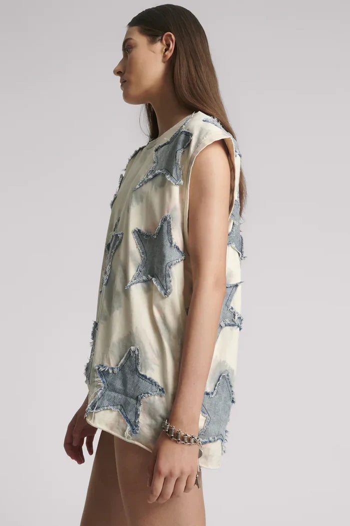 Denim Star Tie Dye Oversized Tank Top | Ivory / Blue