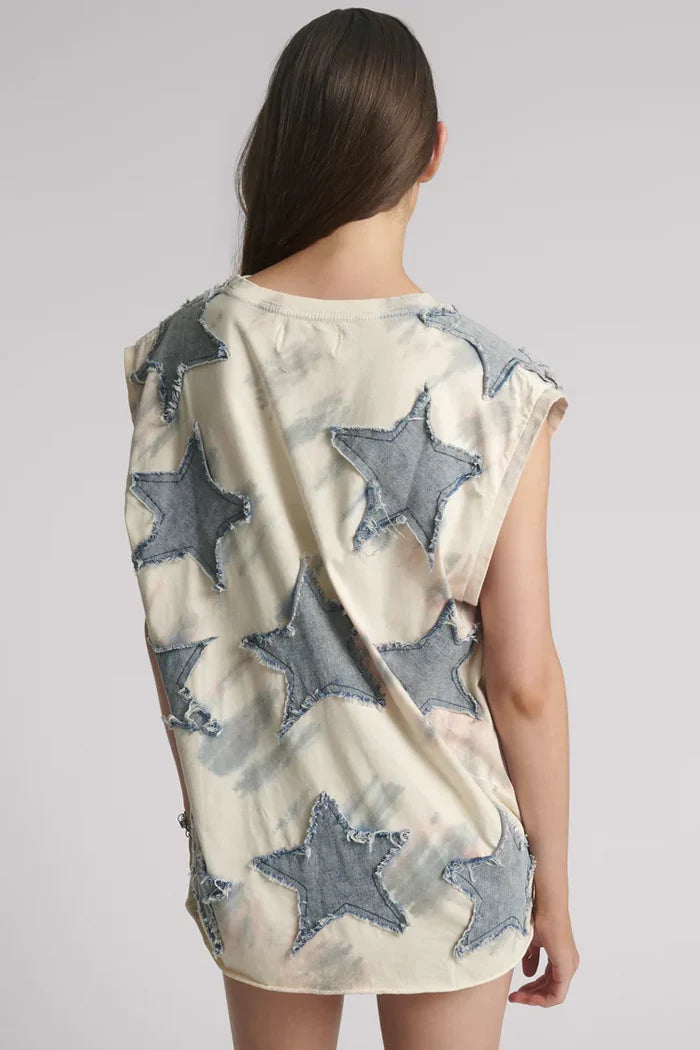 Denim Star Tie Dye Oversized Tank Top | Ivory / Blue