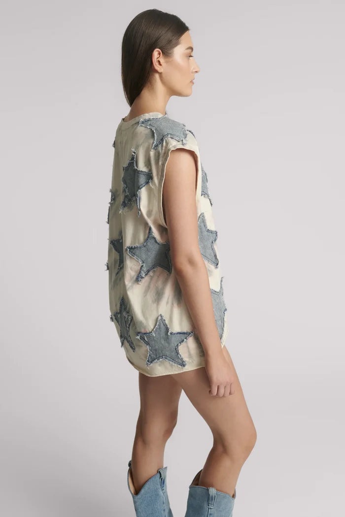 Denim Star Tie Dye Oversized Tank Top | Ivory / Blue