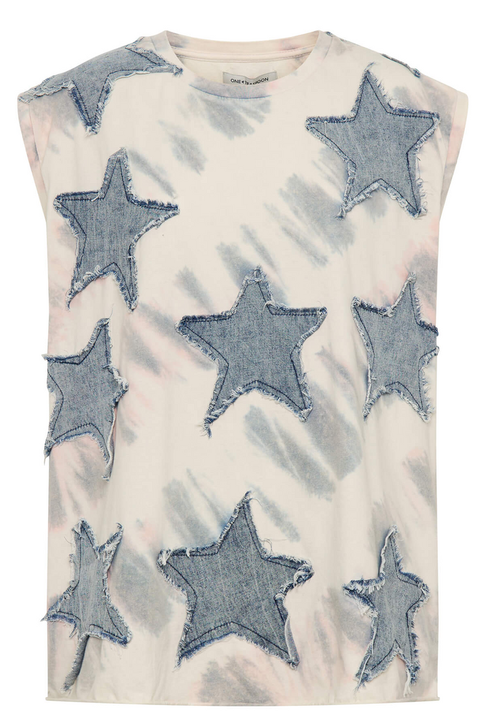 Denim Star Tie Dye Oversized Tank Top | Ivory / Blue