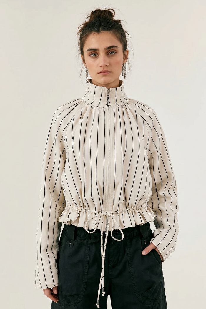 Devon Striped Balloon Funnel-Neck Jacket | Ivory Combo