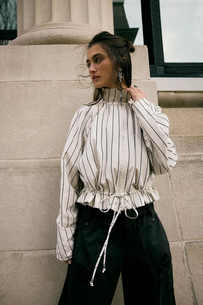 Devon Striped Balloon Funnel-Neck Jacket | Ivory Combo
