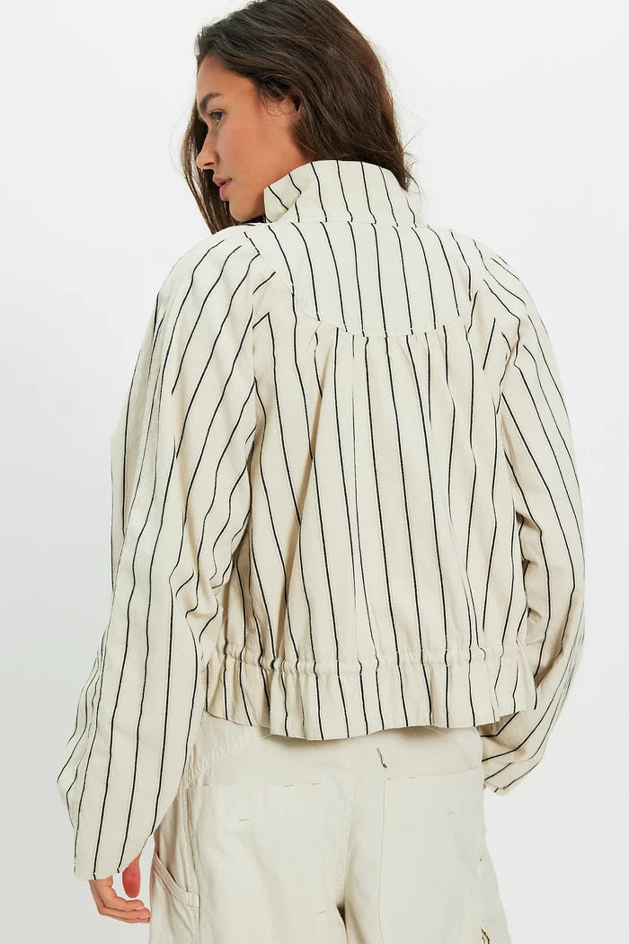 Devon Striped Balloon Funnel-Neck Jacket | Ivory Combo