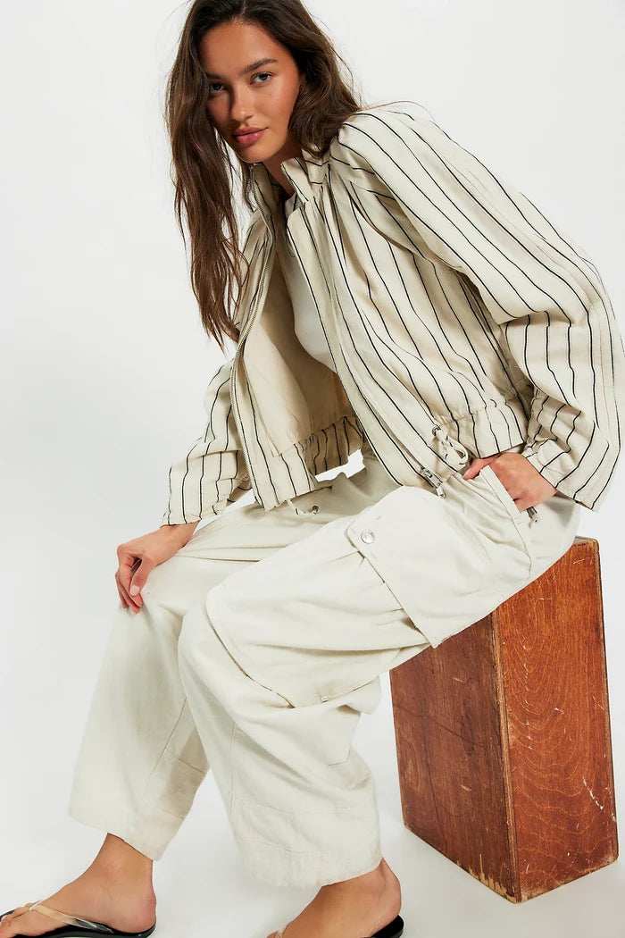 Devon Striped Balloon Funnel-Neck Jacket | Ivory Combo
