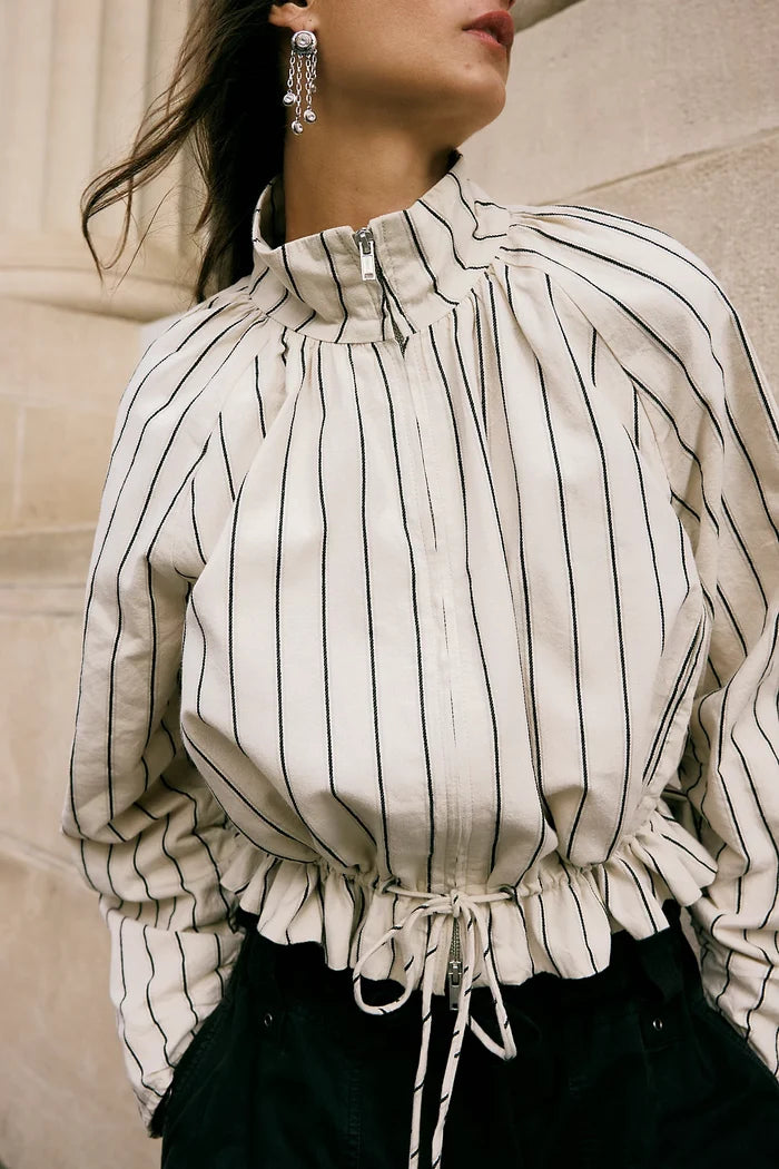 Devon Striped Balloon Funnel-Neck Jacket | Ivory Combo