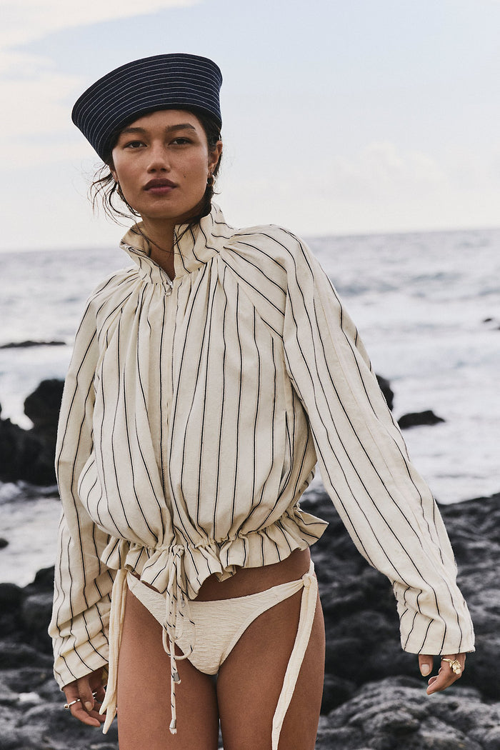 Devon Striped Balloon Funnel-Neck Jacket | Ivory Combo