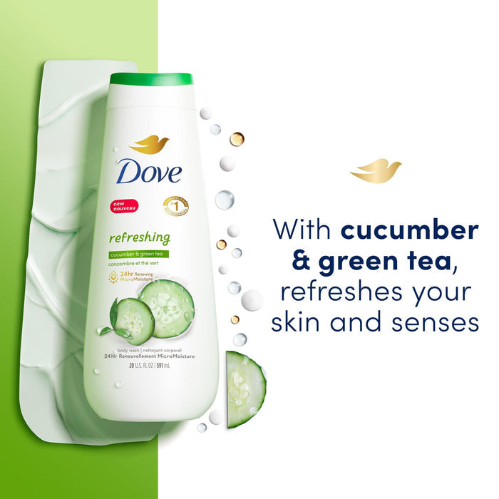 Dove Refreshing Long Lasting Gentle Body Wash Twin Pack, Cucumber and Green Tea, 20 fl oz