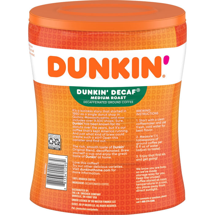Dunkin' Original Blend Medium Roast Decaf Ground Coffee, 30 Ounce Canister (Packaging May Vary)