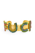 ELSHAM BOUTIQUE antique gold plated brass cuff bracelet featuring colorful crystal-embellished FU CUFF lettering