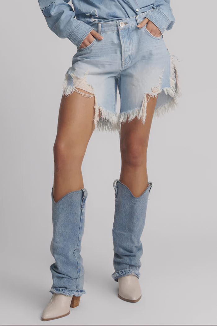 Frankies Low Waist Long Length Denim Shorts | Blue Heart