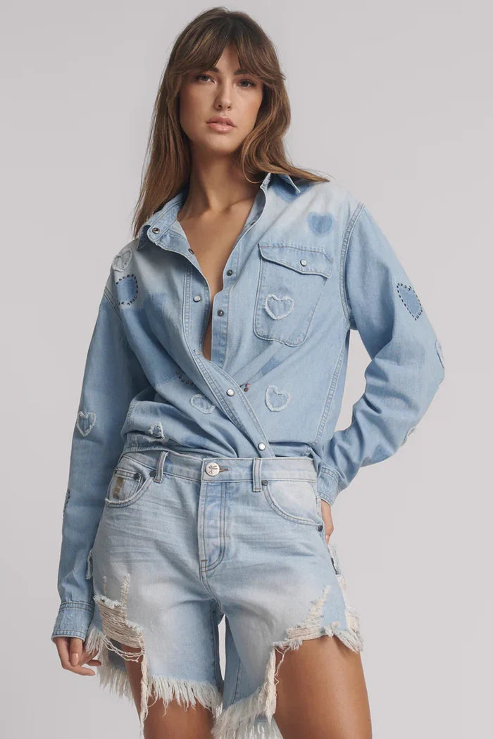 Frankies Low Waist Long Length Denim Shorts | Blue Heart