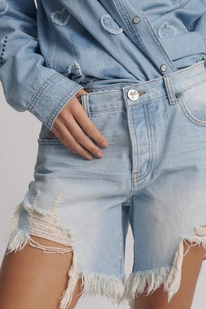 Frankies Low Waist Long Length Denim Shorts | Blue Heart