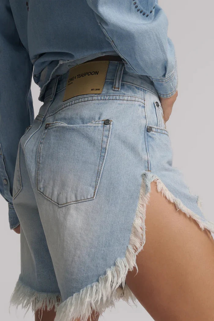 Frankies Low Waist Long Length Denim Shorts | Blue Heart