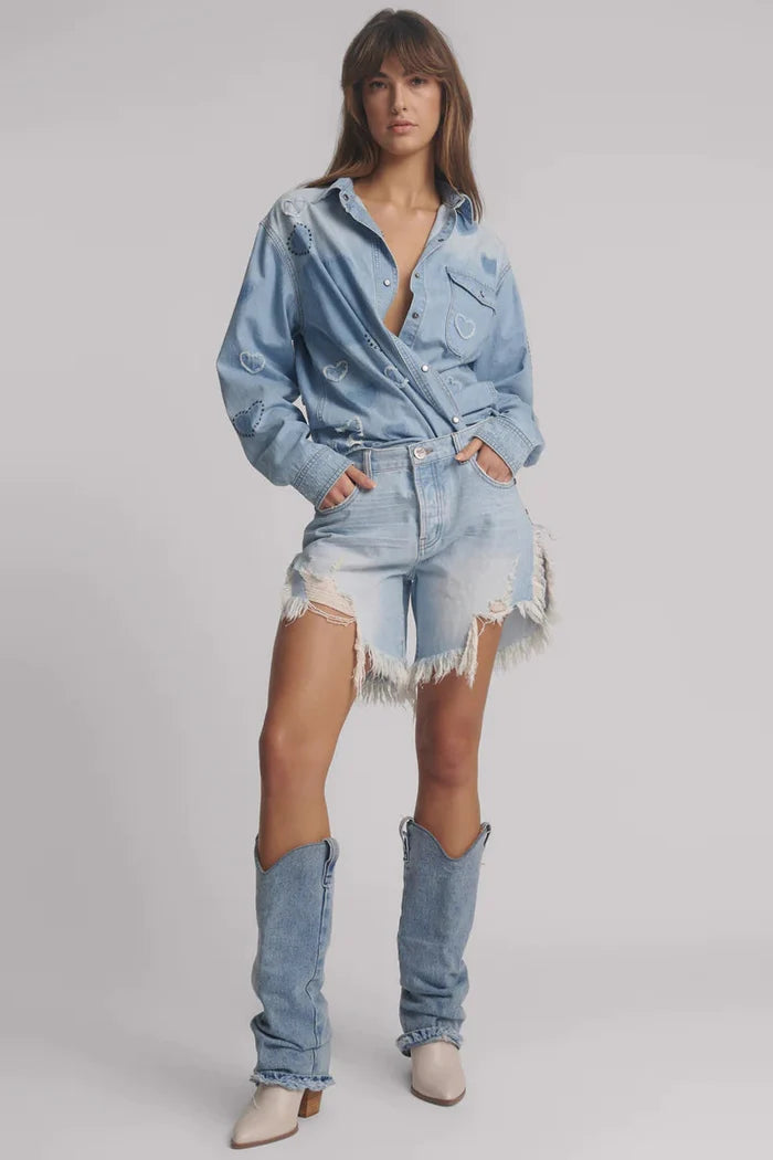 Frankies Low Waist Long Length Denim Shorts | Blue Heart