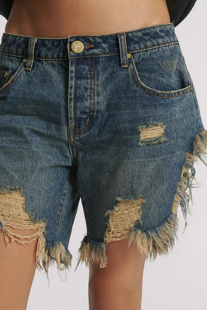 Frankies Low Waist Long Length Denim Shorts | Dirty Blue Love