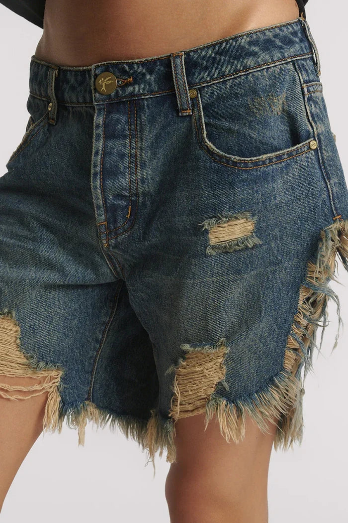 Frankies Low Waist Long Length Denim Shorts | Dirty Blue Love
