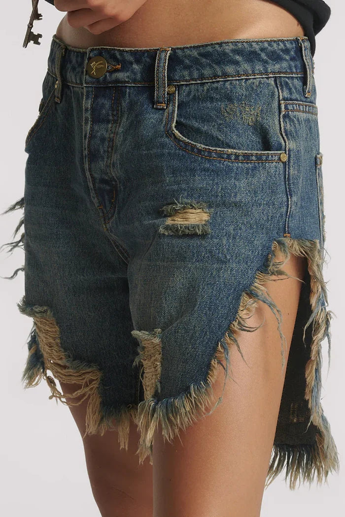 Frankies Low Waist Long Length Denim Shorts | Dirty Blue Love