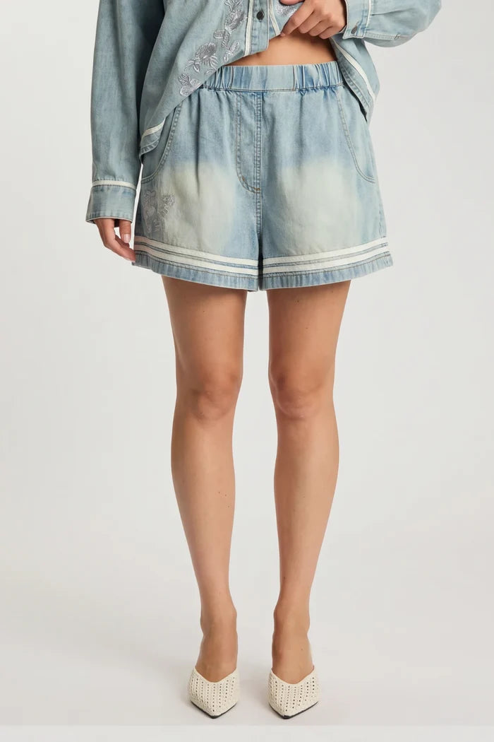 Funks High Waist Frayed Elasticated Flippy Denim Shorts | Folklore Chambray Blue