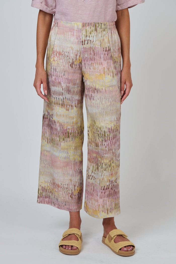 ELSHAM BOUTIQUE GA398 wide-leg linen trousers in a multicoloured abstract print with a flat front and side pockets.