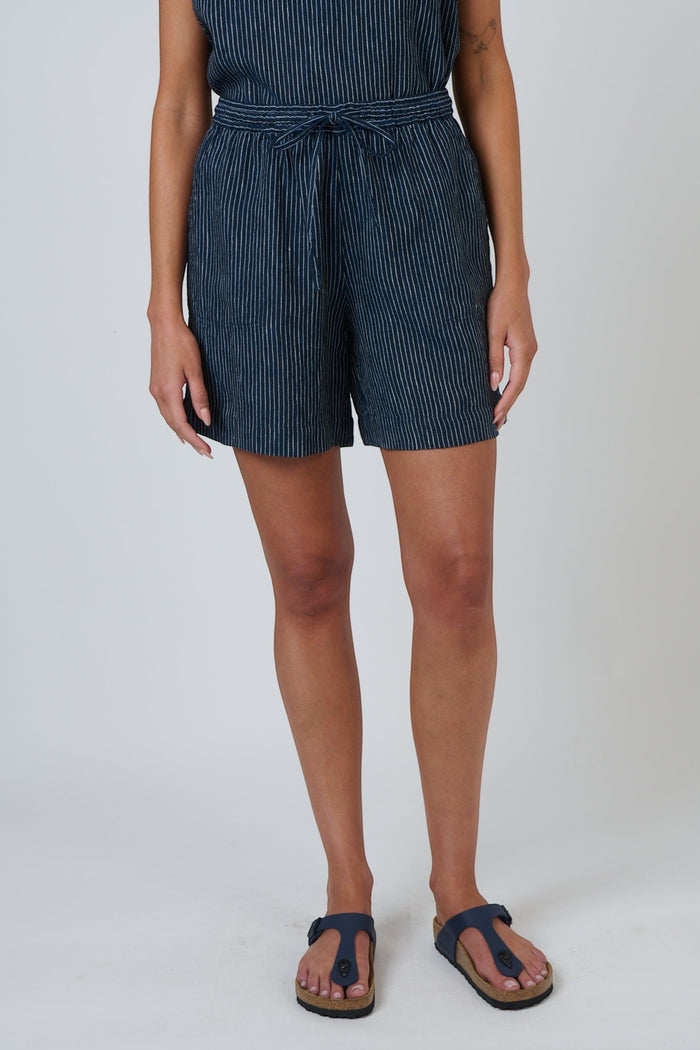 ELSHAM BOUTIQUE GA477 navy pinstripe linen shorts with a drawstring waistband and relaxed knee-length fit