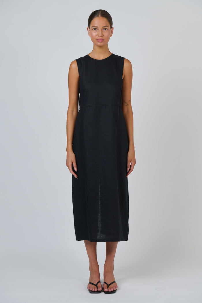ELSHAM BOUTIQUE GA735 black sleeveless midi dress in 100% linen with a round neckline and fitted bodice