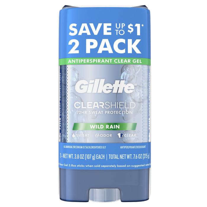 Gillette Antiperspirant Deodorant for Men, Clear Gel, Wild Rain, Twin Pack, 3.8 oz