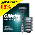 Gillette Mach3 Men's Razor Value Pack, Blue, 1 Handle & 6 Razor Blade Refills