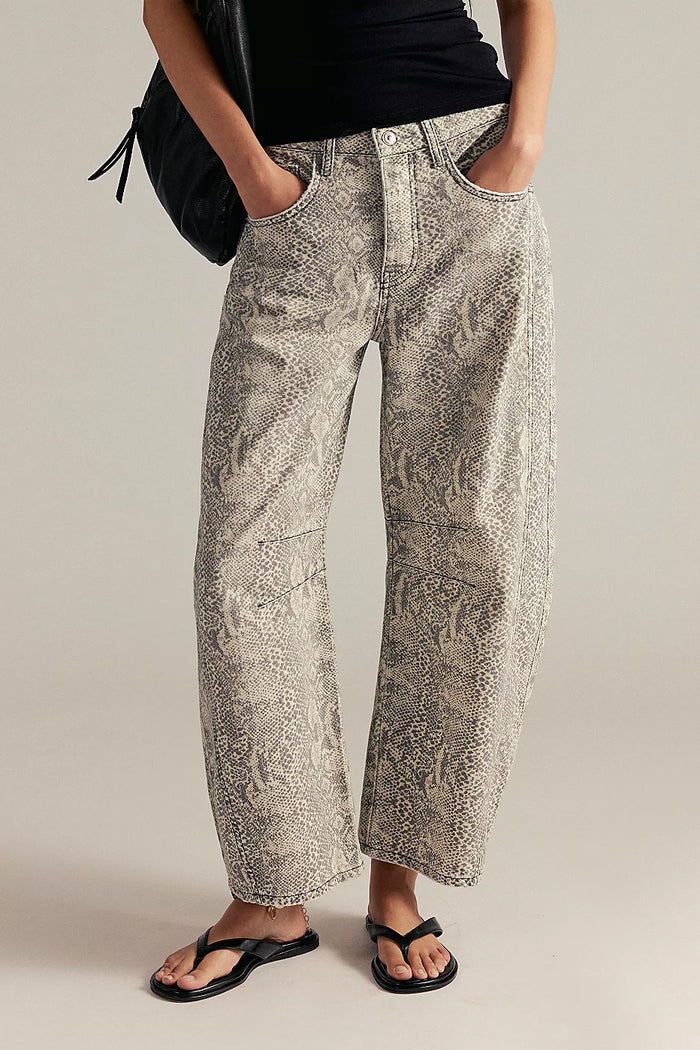 Good Luck Printed Mid Rise Barrel Jeans | Snake Combo
