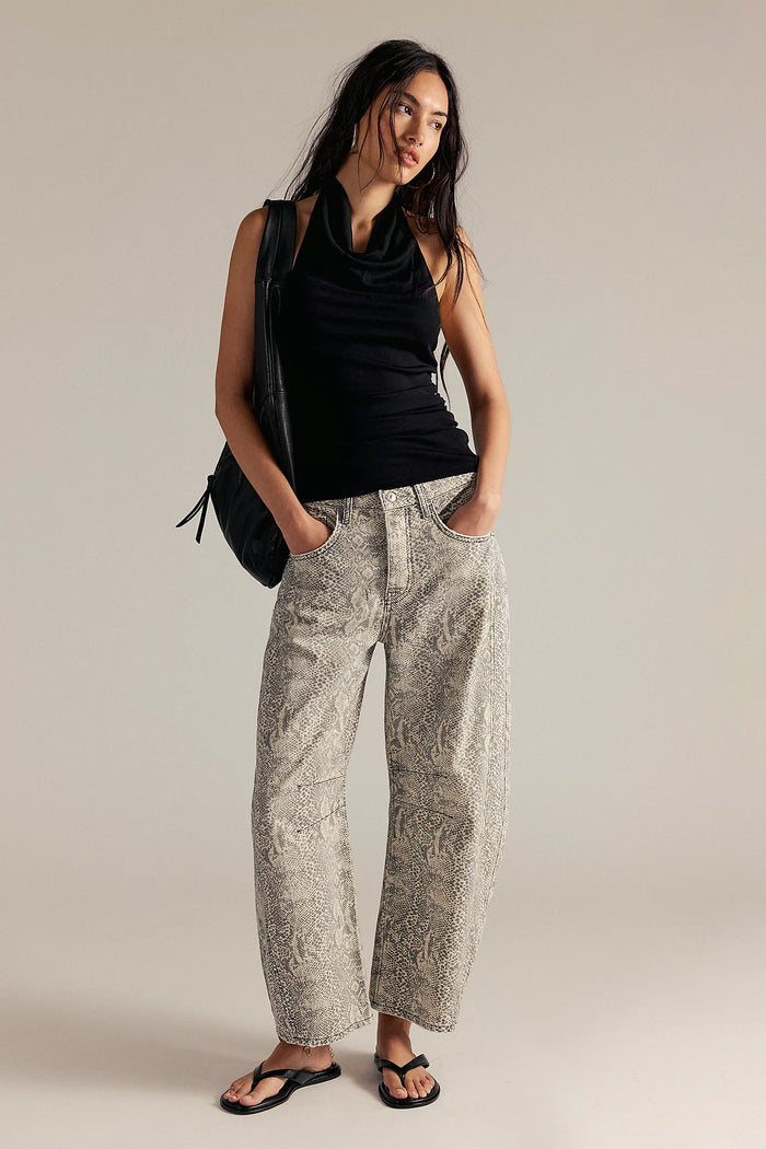 Good Luck Printed Mid Rise Barrel Jeans | Snake Combo