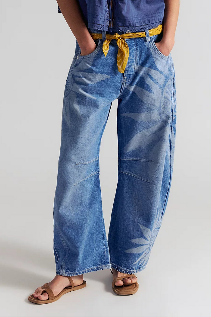 Good Luck Printed Mid Rise Barrel Jeans | Sun Fade Laser