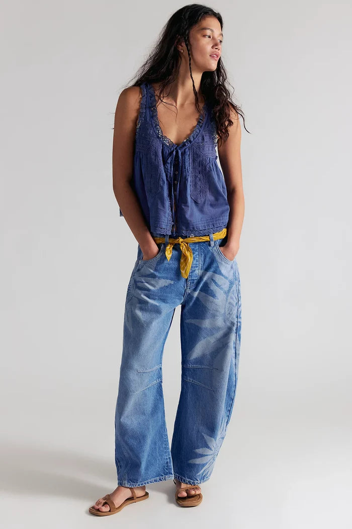 Good Luck Printed Mid Rise Barrel Jeans | Sun Fade Laser