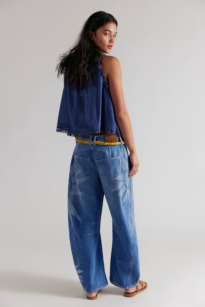 Good Luck Printed Mid Rise Barrel Jeans | Sun Fade Laser