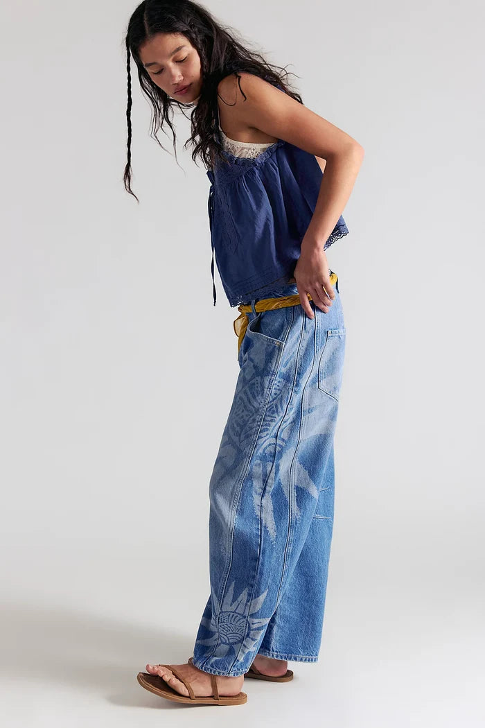 Good Luck Printed Mid Rise Barrel Jeans | Sun Fade Laser